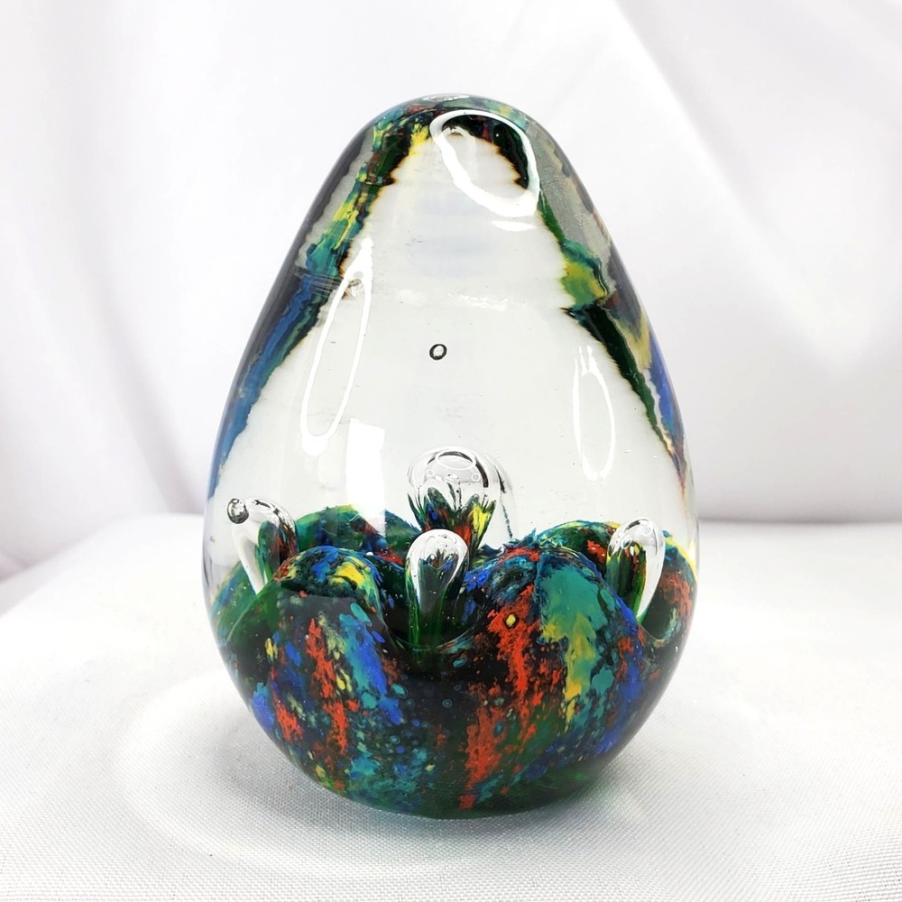 Dynasty Gallery Glass Paperweight Multicolor Swirl Controlled Bubbles Egg Decor